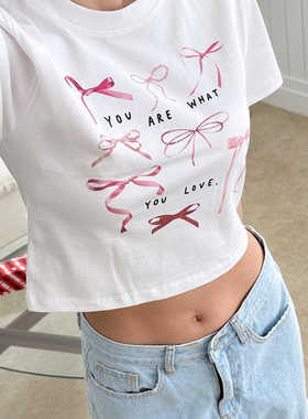 ODD/美式y2k辣妹短袖t恤女夏季设计感小众修身蝴蝶结正肩短款上衣