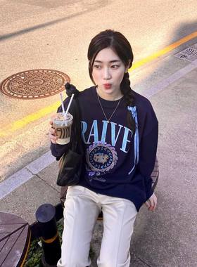 ODD RDCHS点缀紫色玫瑰藏青色圆领加绒卫衣女韩系印花套头ins新款