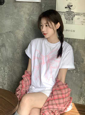 ODD/韩系ins学院风指尖芭蕾夏季蝴蝶结印花宽松休闲纯棉短袖T恤女