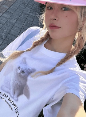 ODD/梦幻仙子猫夏季白色加厚纯棉T恤上衣女印花宽松小众ins短袖新
