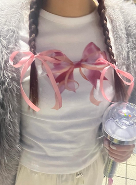 晚睡/天使猫咪丘比特夏季露脐甜美辣妹修身正肩短款T恤女小众短袖