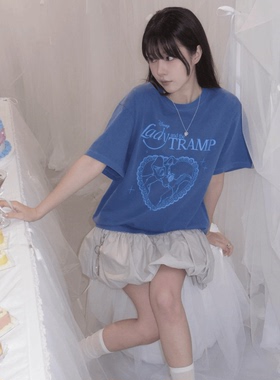 ODD/冻结眼泪夏季深蓝色圆领百搭上衣T恤女小众显白加厚印花短袖