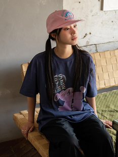 晚睡 情侣韩系ins可爱抽象画印花宽松半袖 纯棉短袖 百搭t恤女 夏季