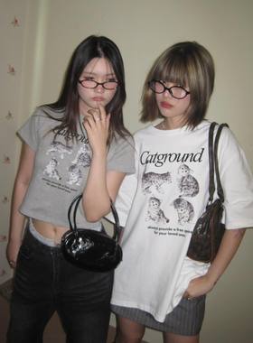 ODD RDCHS脏脏包小猫灰色系百搭夏季短款T恤长款白色印花情侣上衣