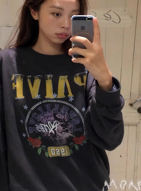 ODD/复古字母玫瑰印花卫衣女慵懒宽松圆领长袖休闲上衣深灰色套头