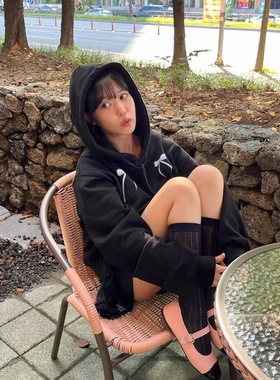 ODD RDCHS少女蝴蝶结黑色小众ins风韩系百搭显瘦连帽春秋毛圈卫衣