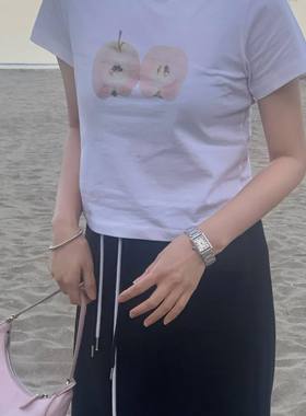 ODD/趣味苹果印花辣妹正肩修身显瘦白色短款短袖T恤女百搭上衣夏