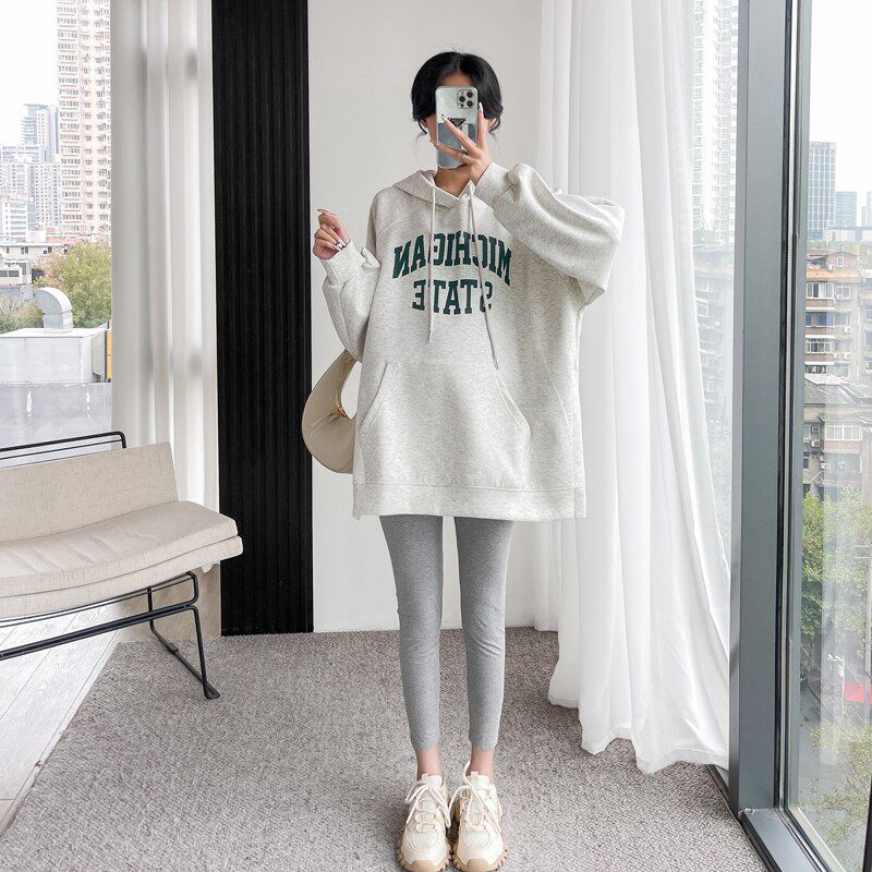 임부복 가을 봄 의류 루즈한 대형 스웨트셔츠 및 플리스 탑 슈트 더블 레이어 복합 두꺼운 고급 원단