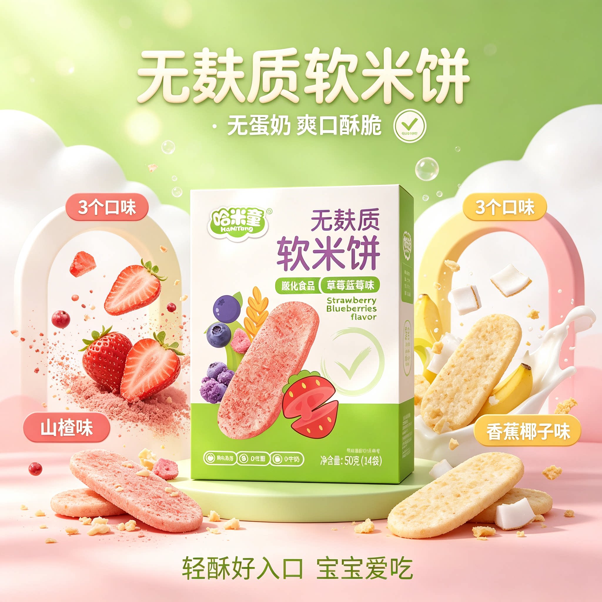 哈米童无麸质软米饼0蛋奶草莓蓝莓山楂香蕉磨牙饼干易溶宝宝零食