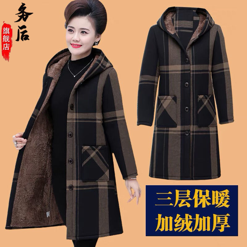 中老年妈妈装冬季加绒加厚中长款连帽棉衣女直筒棉服老年保暖棉服