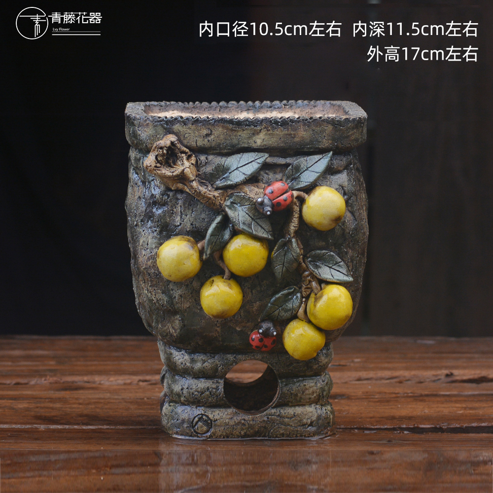 青藤花器韩式法师老桩手绘方形高桩立体花控型方口粗陶多肉花盆