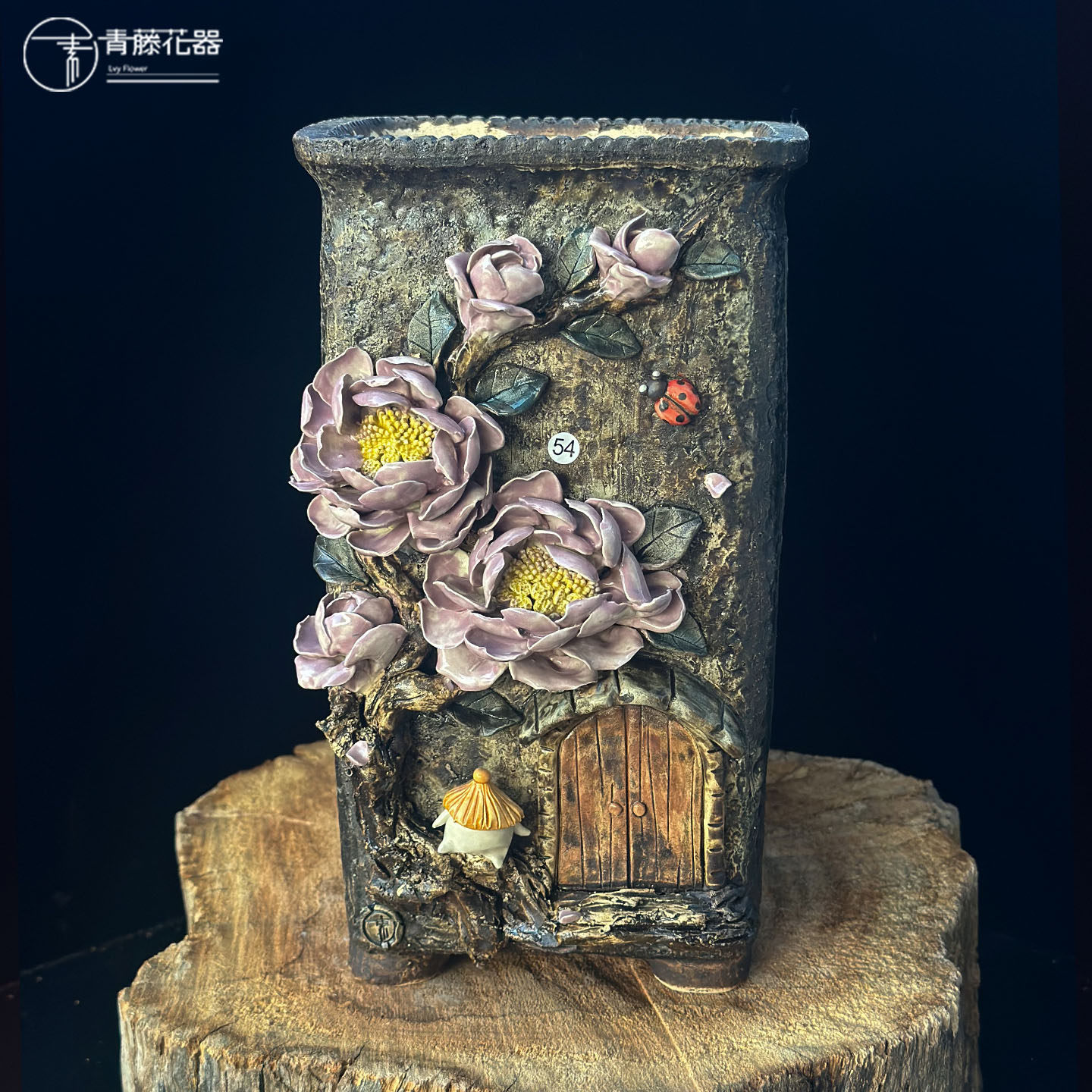 青藤花器黑法师缀化悬崖老桩高盆手工粗陶麦饭石多肉花盆韩式复古