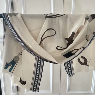 法式经典小马驹挂件图案双面同色真丝羊绒长围巾披肩女士秋冬百搭