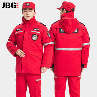 冬季应急救援棉服防静电反光公益救援队工作服男红色抢险消防大衣