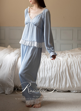 RoseDeRosee芭蕾公主 春夏芭蕾风蓝色条纹睡衣高级感蕾丝家居服女