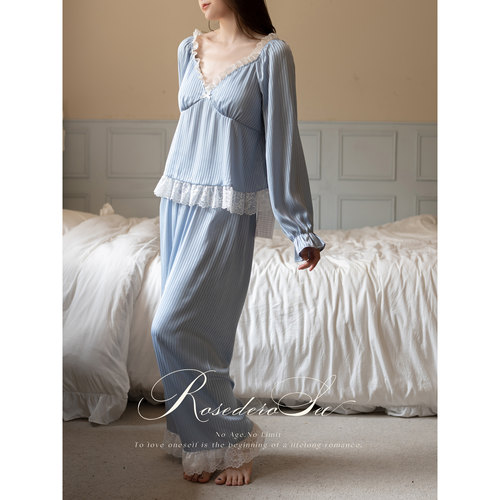 RoseDeRosee芭蕾公主 春夏芭蕾风蓝色条纹睡衣高级感蕾丝家居服女