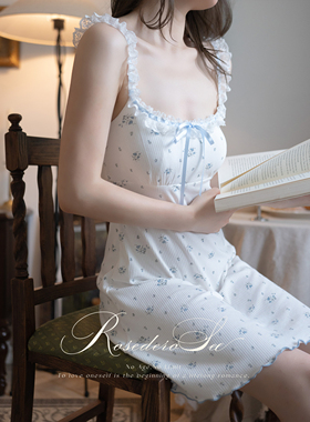 RoseDeRosee蓝莓之夏 甜美风碎花吊带睡裙女夏季带胸垫可外穿睡衣