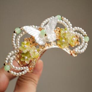 清新古风发冠毛绒秋冬毛球发饰汉服百搭头饰小唐风明制头饰蝴蝶冠