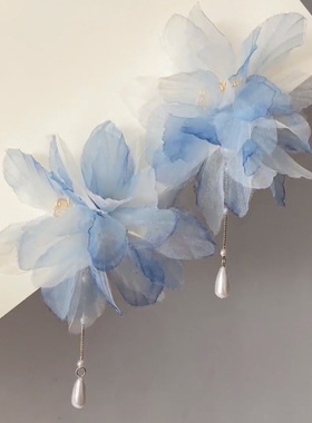 古风绢纱花发夹汉服头饰仙气氛围感烫花朵对夹饰品流苏侧边夹头饰