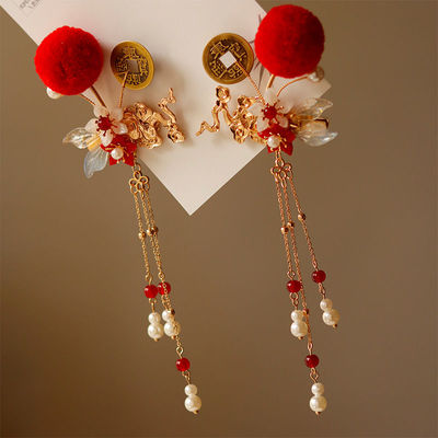 国风新年招财进宝发夹汉服毛球