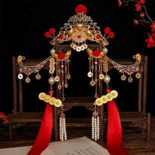 铜钱发钗古风财神发冠复古发饰过年喜庆新年红色配饰古装元宝搭配