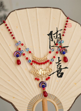 猫妖同款头饰项链璎珞新年过年珍珠棒耳饰发饰黑红色配饰品全套