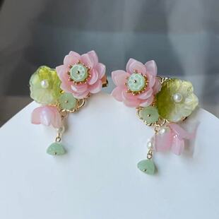 古风荷花儿童发夹汉服六一中国风花朵边夹流苏步摇古装头饰配饰品