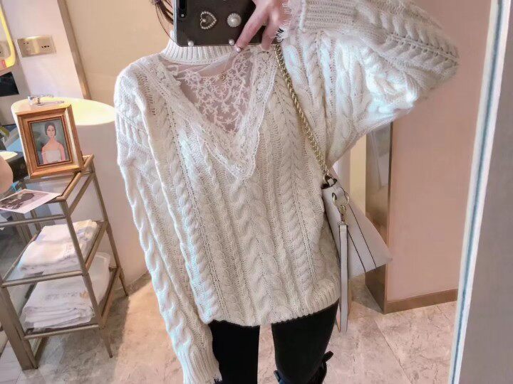 CK毛衣女秋冬新款宽松套头学院风蕾丝拼接袖口花边麻花针织圆领