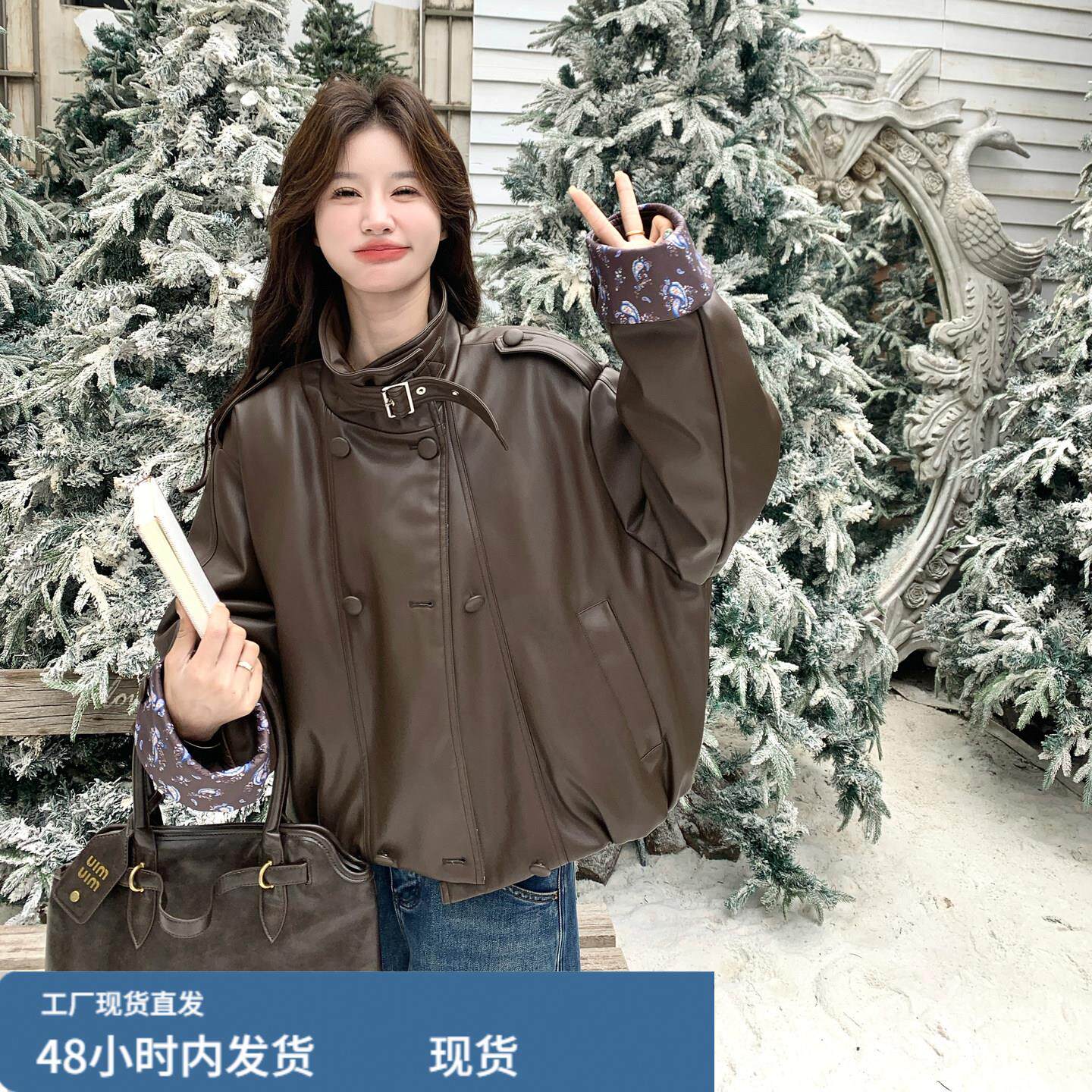 美式复古印花拼接PU皮羽绒服女短款2025冬机车风甜酷炸街皮衣外套