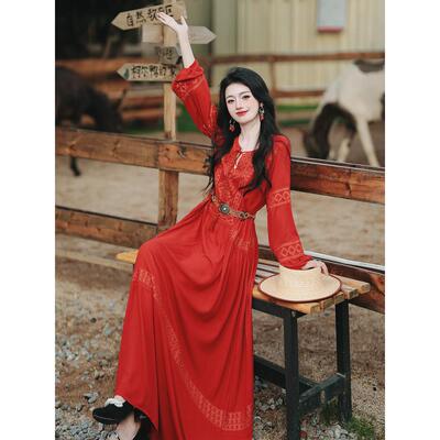 巨好看掐腰复古民族风红色连衣裙新疆西藏云南旅游海边度假沙滩裙