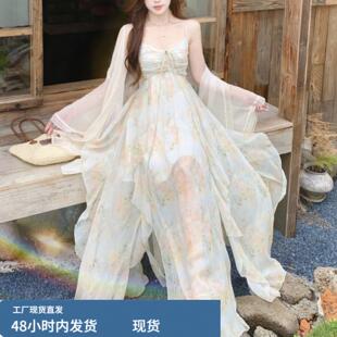 大尺码度假风甜美荷叶边油画吊带裙洋装夏季长裙薄开衫两件套裙子