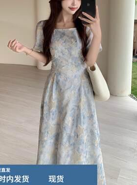 大码法式绣花星星亮片甜美初恋连衣裙夏季少女氛围感白月光裙长裙