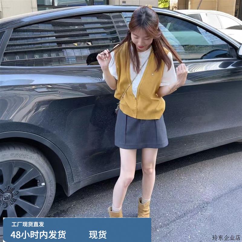 假两件拼接针织马甲短袖t恤女上衣a字短裙套装早秋韩系穿搭一整套