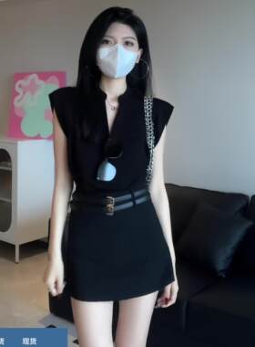 黑色V领坎肩短袖女夏季御姐风气质无袖a字短裙裙子小黑裙两件套潮