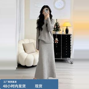 2025新款漂亮出片灰色针织毛衣连衣裙子女秋冬韩式搭配一整套长裙