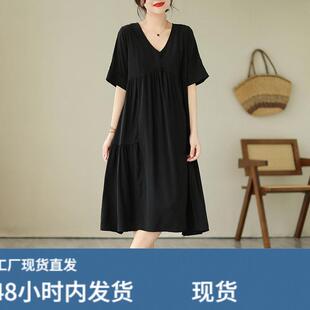 棉绸棉麻连衣裙女夏季2026新款大码妈妈洋气遮肚显瘦亚麻裙子