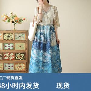 高级感气质拼接棉麻印花短袖连衣裙女夏季收腰系带减龄显瘦中长裙