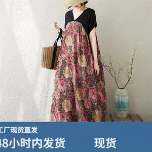 复古减龄V领短袖连衣裙女夏季大码宽松遮肚显瘦玫瑰碎花大摆裙子
