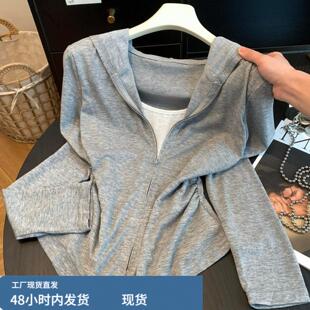 灰色连帽修身短款防晒空调罩衫上衣拉链开衫外套女卫衣春夏季薄款