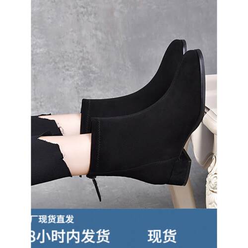 磨砂短靴女粗跟真陂2025新款春秋季单靴圆头翻毛皮瘦瘦靴冬季加绒