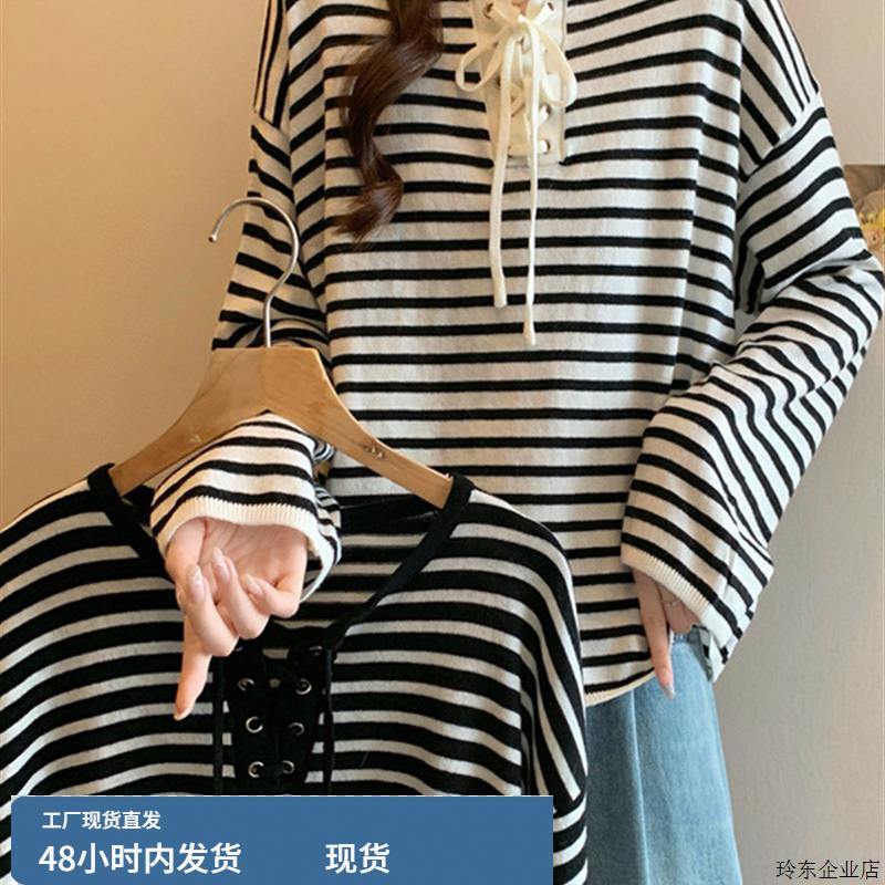 大码女装新款秋冬韩系简单大方高级感上衣撞色条纹绑带针织t恤女