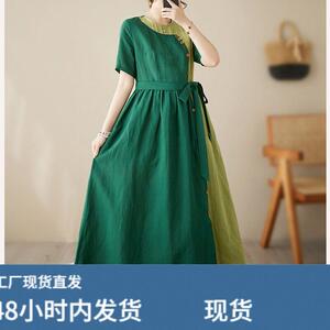民族风收腰显瘦亚麻连衣裙女2026夏季新款文艺复古气质拼接a字裙