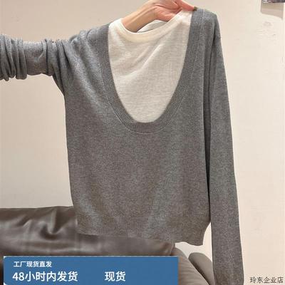 设计感拼接撞色假两件长袖针织衫女2025秋季套头毛衣小众独特上衣