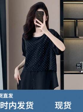 大码女装夏季新款时尚套装胖妹妹宽松遮肚镶钻雪纺短袖短裤两件套
