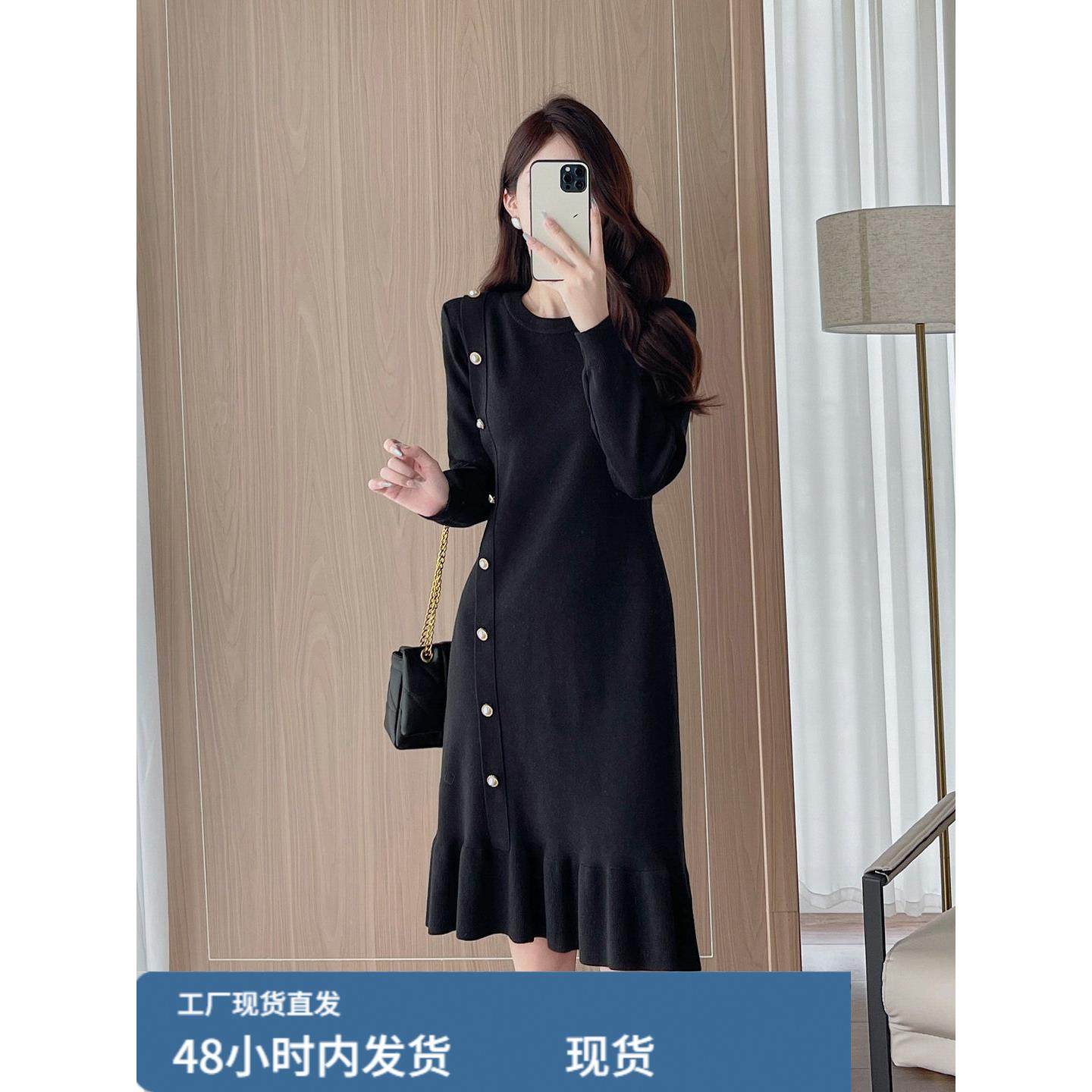秋冬季赫本风小黑裙圆领针织连衣裙荷叶边中长款毛衣女内搭打底裙,运动/瑜伽/健身/球迷用品,瑜伽短裙,淘宝优惠券,粉丝福利购,淘宝优惠卷