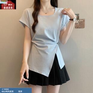 遮肚子气质方领开叉褶皱短袖t恤女夏季新款大码胖妹妹mm收腰上