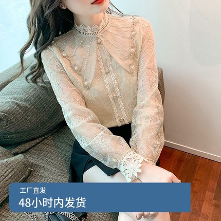 2024年秋装新款蕾丝雪纺打底衫洋气设计感小众上衣内搭加绒衬衫女