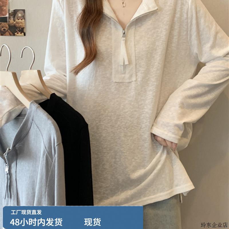 加码女装2025新款初秋韩式高端时髦上衣半拉炼套头长袖t恤