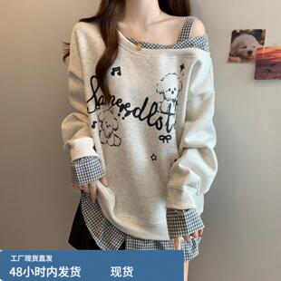 大码女装甜辣假两件不规则小狗露肩长袖卫衣女春季宽松洋气上衣潮