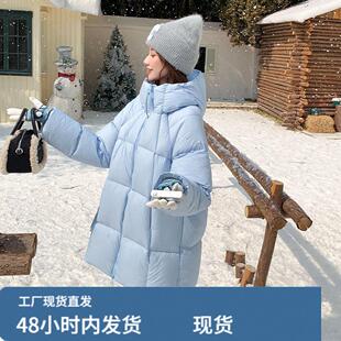 韩系chic蓝色连帽中长款泡芙羽绒服女冬超火好看高级小众加厚外套